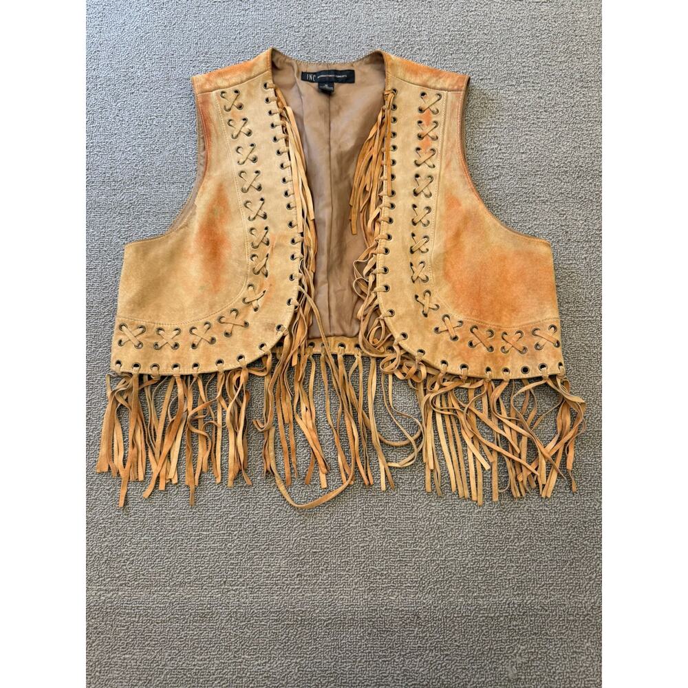 INC International Concepts Women Size 12 Tan Brown Leather Lace Up Fringe Vest